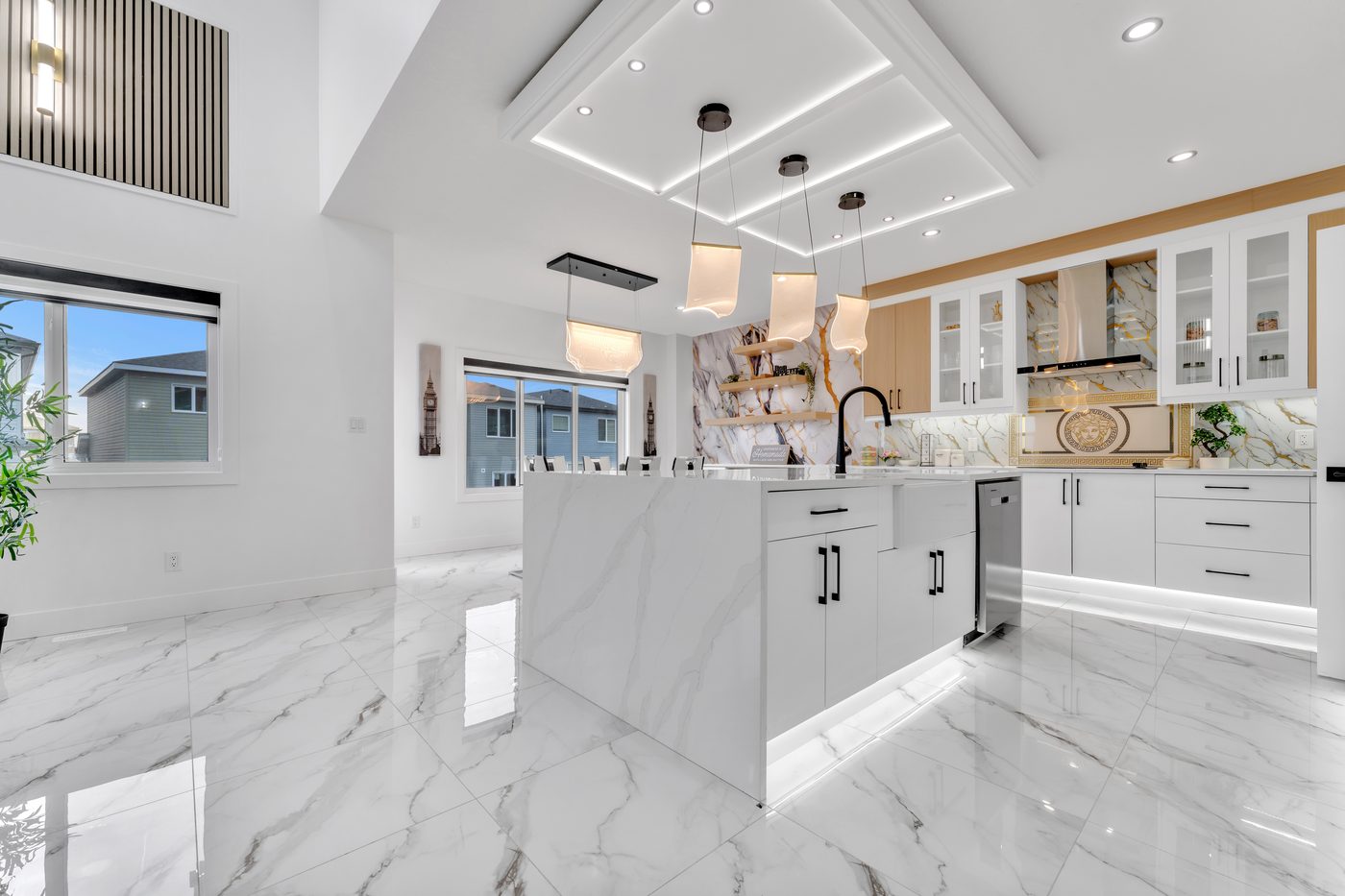 Kitchen island with marble waterfall